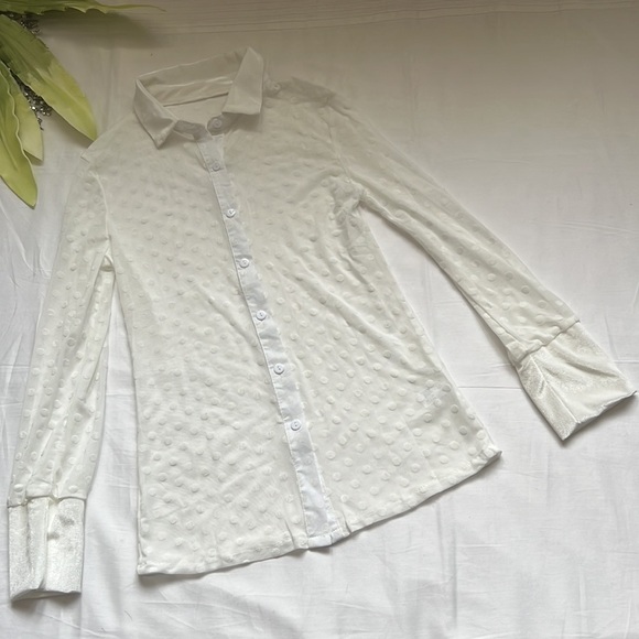 🌟BUTTON Down Shirt Polka Dots Sheer See Through Long Sleeve Blouse🌟 - Picture 3 of 8
